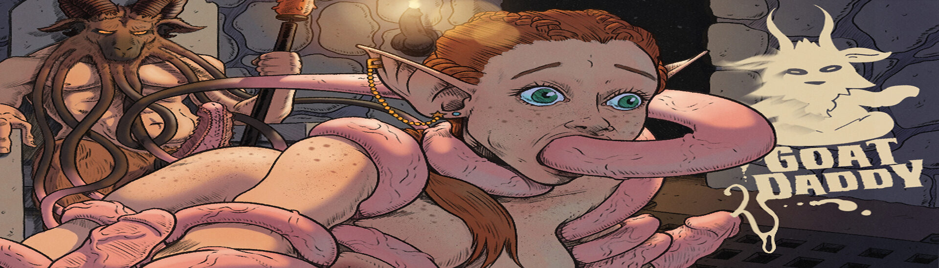 Demon Goat restraining a naked female elf and shoving dick tentacles inside of her.